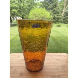 Vintage Blenko Amber Crackle Vase 10” Tall